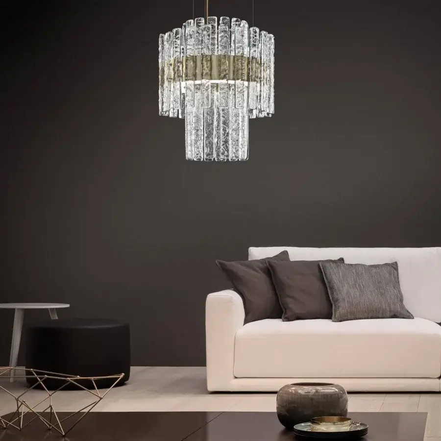 Captivating Masiero Vegas DB suspension lamp with tiered clear textured rock-effect glass and gold-toned metallic band