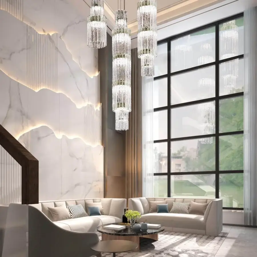 Exclusive Masiero Vegas VRT suspension lamp with rock-effect glass strips and gold-toned metal bands