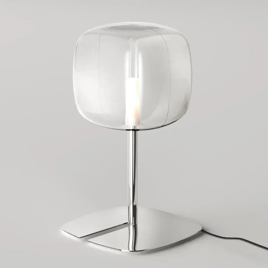 Elegant Tonelli Design Hyperion lamp with transparent blown pyrex glass diffuser and chrome metallic structure