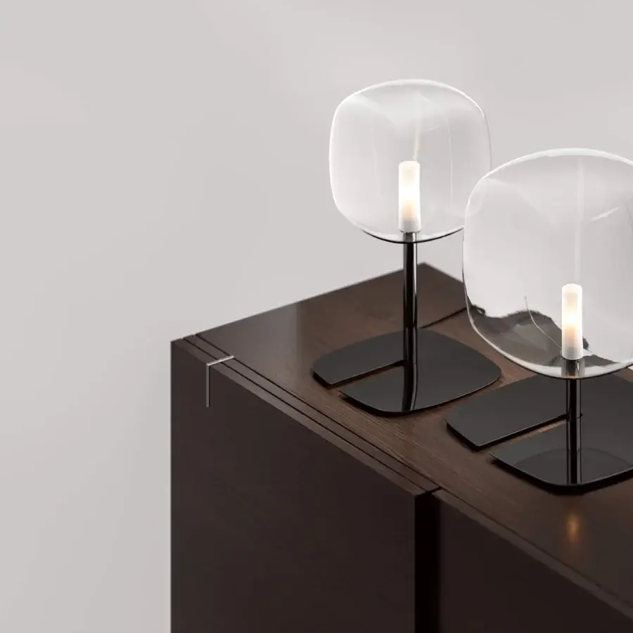 Superior Tonelli Design Hyperion lamp with transparent blown pyrex glass diffuser and gunmetal metallic structure