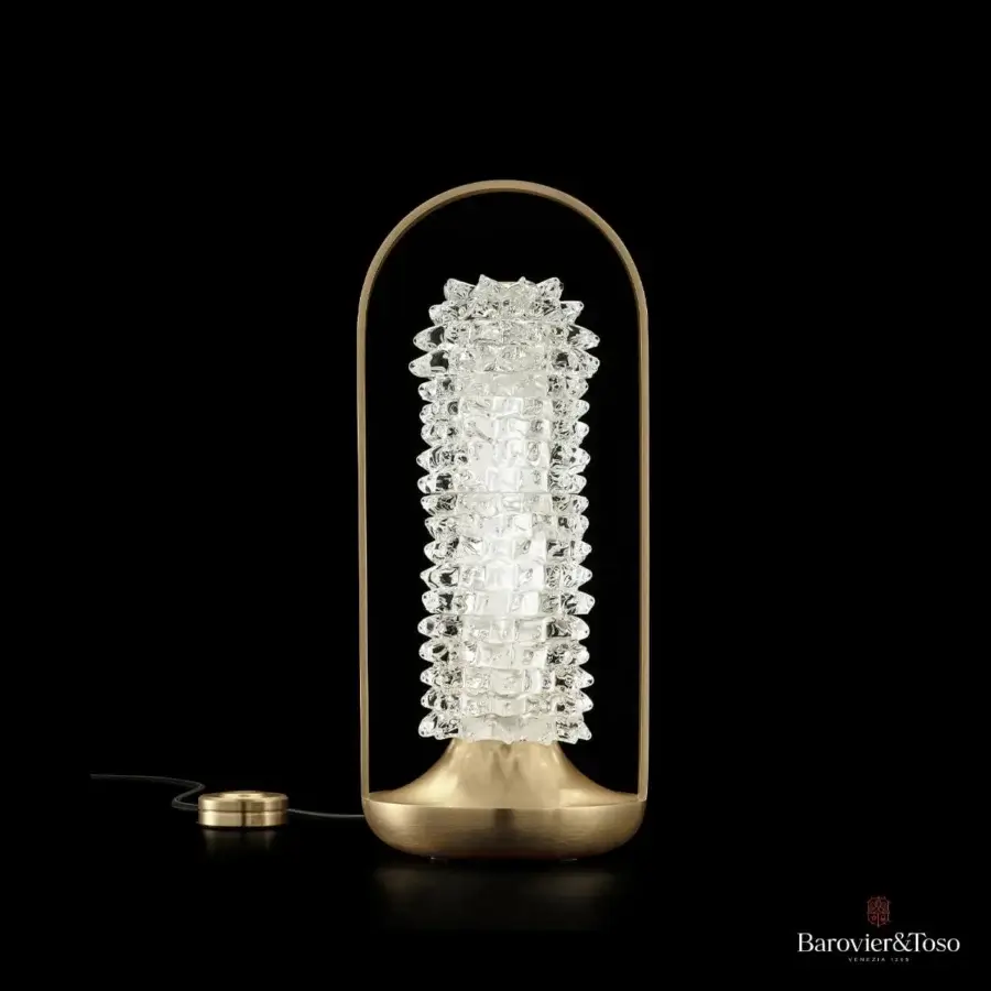 Exquisite Barovier&Toso Opéra table lamp with cylindrical Venetian crystal and gold-colored metal built with a matte finish