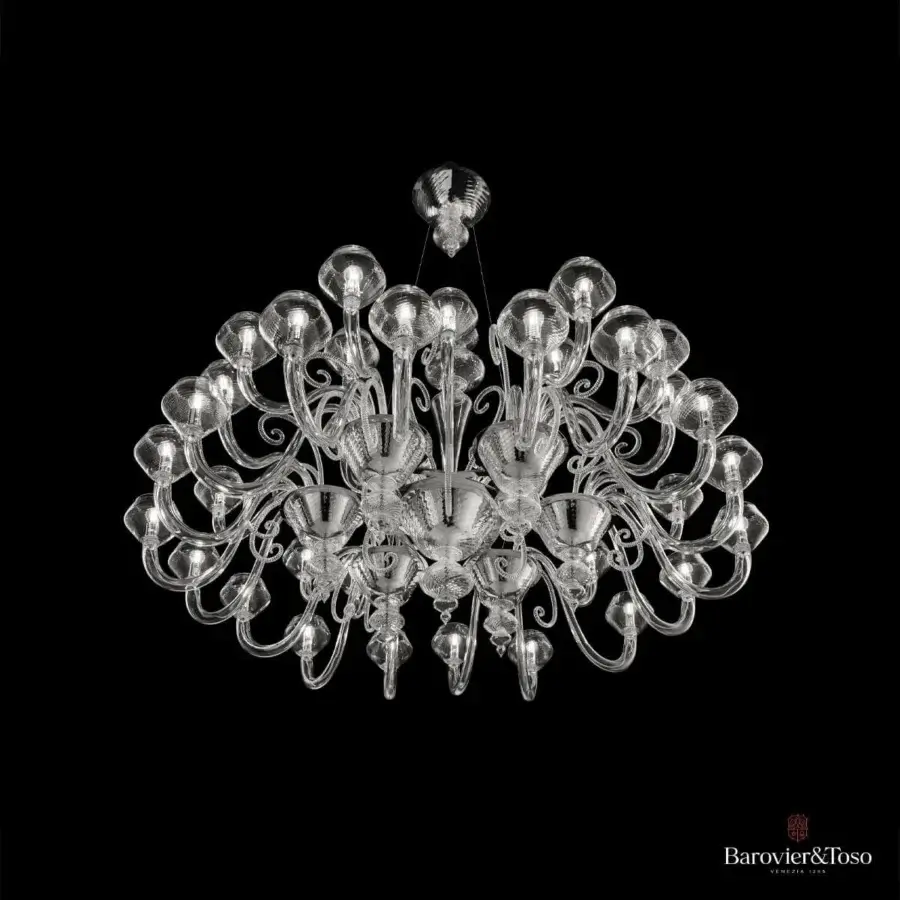 Superior Barovier&Toso Magritte chandelier with multi-tiered transparent glass and polished chrome metal parts