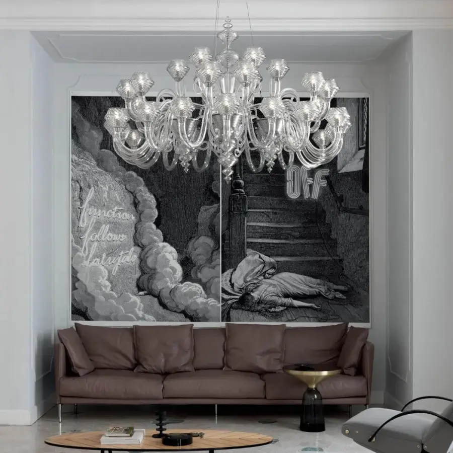 Exceptional Barovier&Toso Magritte chandelier built in clear Venetian glass with polished chrome metal parts