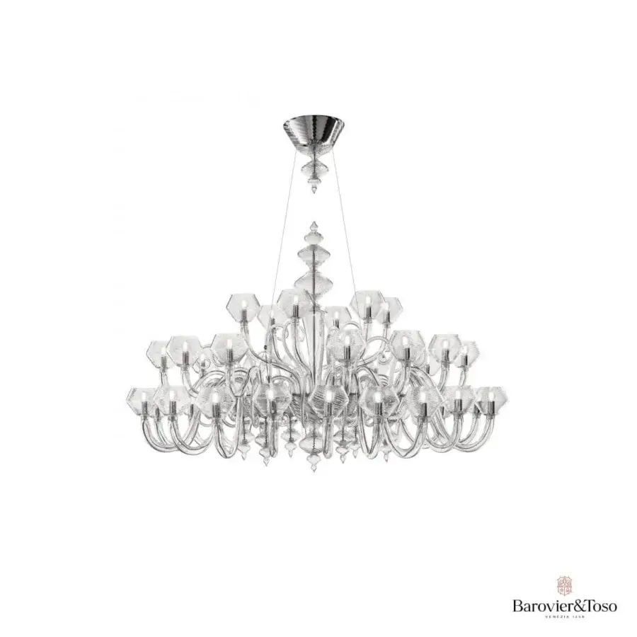 Avant-garde Barovier&Toso Magritte chandelier built in clear Venetian glass with polished chrome metal parts and glossy finish
