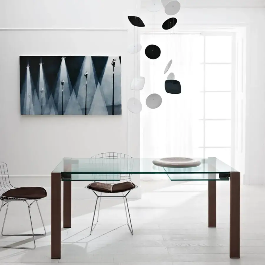 Distinguished Tonelli Design Livingstone table with transparent glass top and matte dark brown legs presents geometric structure