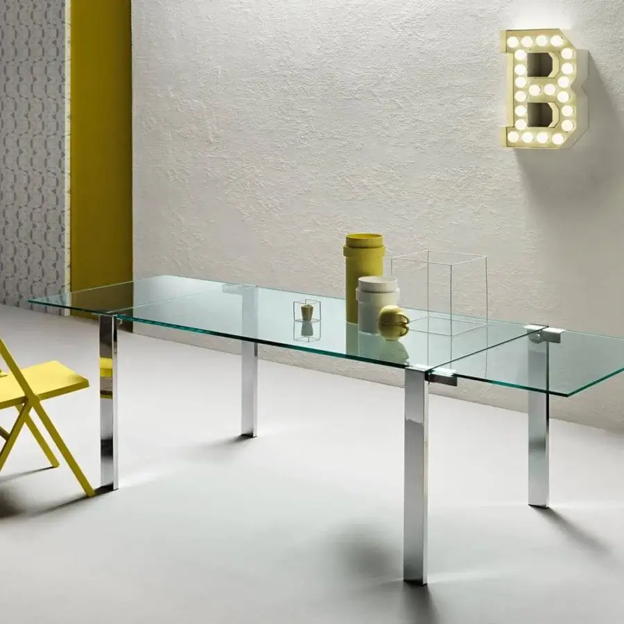 Superior Tonelli Design Livingstone table with clear glass surface and sleek chrome-plated legs in glossy finish