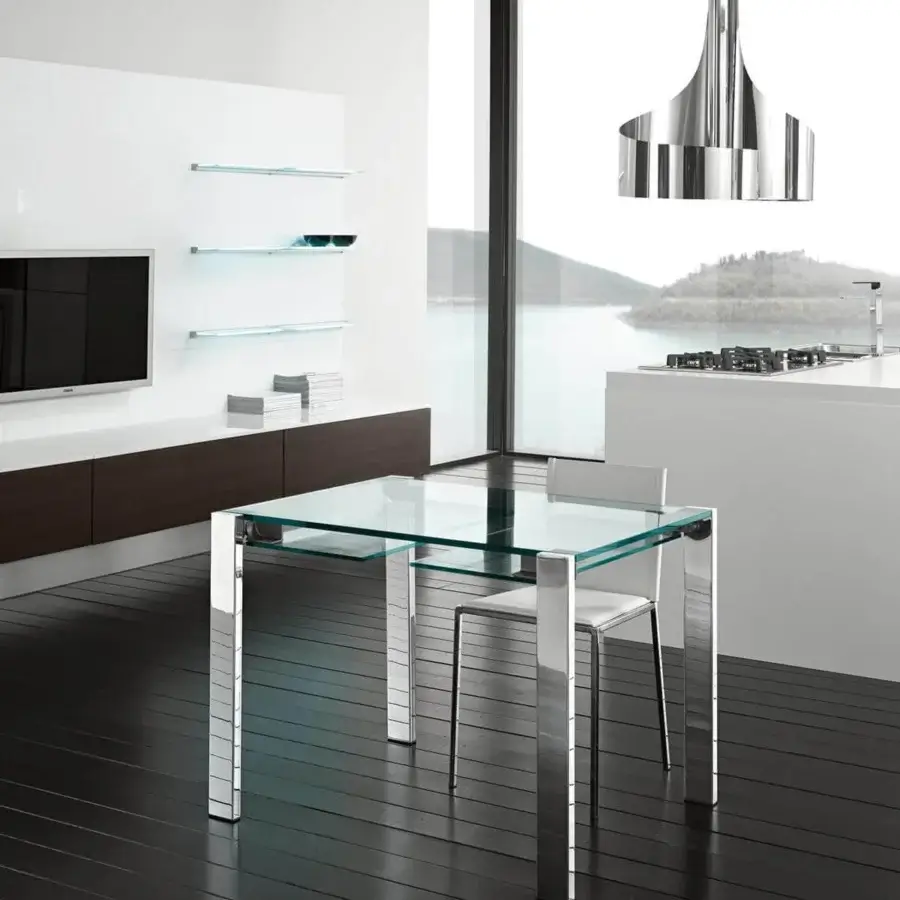 Innovative Tonelli Design Livingstone table with sleek glass top and polished chrome frame crafted with a stainless steel zipper mechanism
