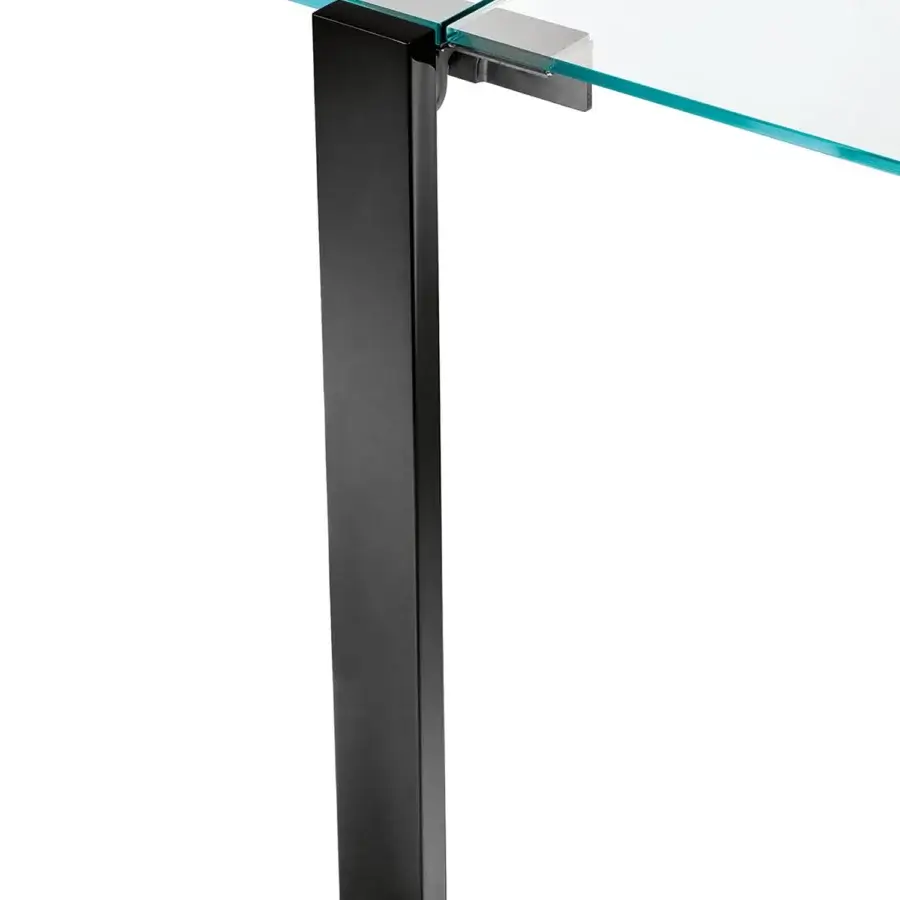 Innovative Tonelli Design Livingstone table with clear glass top and sleek dark leg crafted in stainless steel fusion zipper