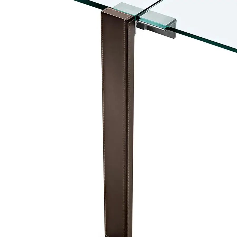 Superior Tonelli Design Livingstone table with clear glass top and dark brown leather accented with lighter stitching