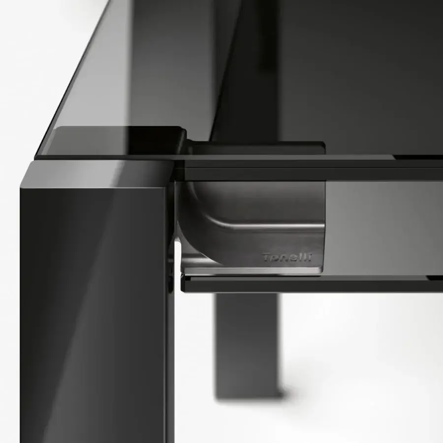 Distinguished Tonelli Design Livingstone table with sleek black glass top and glossy metal legs built with a flapping mechanism