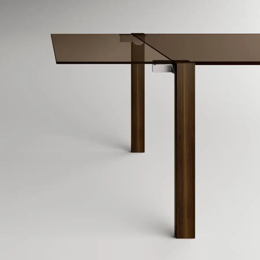 Exceptional Tonelli Design Livingstone table with glossy brown-tinted glass top and dark brown wooden legs crafted with visible grain