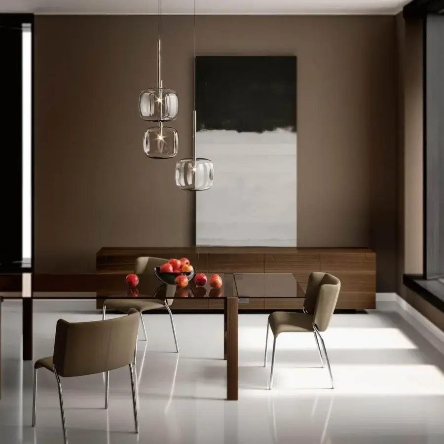 Superior Tonelli Design Livingstone table with glossy glass tabletop and dark brown wooden legs built with a stainless steel fusion zipper