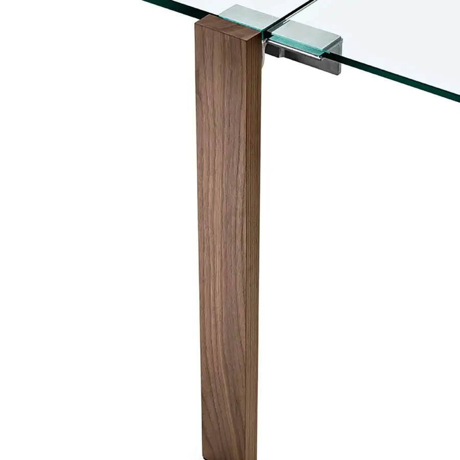 Exceptional Tonelli Design Livingstone table with square glass tabletop and matte medium brown wooden leg crafted with a flapping mechanism