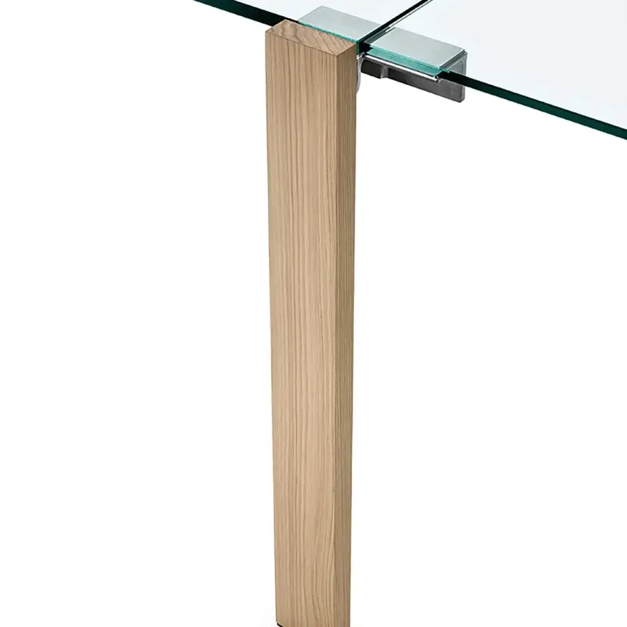 Elegant Tonelli Design Livingstone table with transparent glass top and light-toned wood leg in matte finish