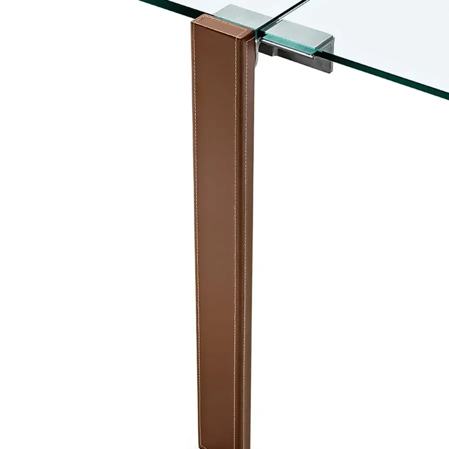 Superior Tonelli Design Livingstone table with clear glass tabletop and brown leather-covered leg crafted with elegant edge stitching