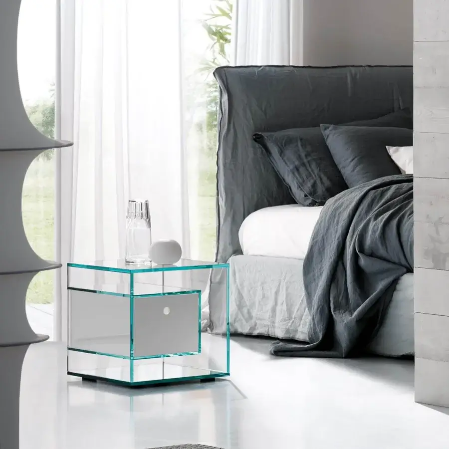Exclusive Tonelli Design Liber nightstand with geometric form built in extra clear glass and mirrored base with a pristine white drawer