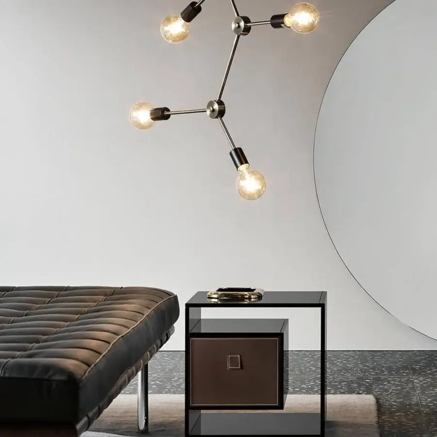 Elegant Tonelli Design Liber nightstand with sleek glass and mirrored base built in dark leather with metal pull