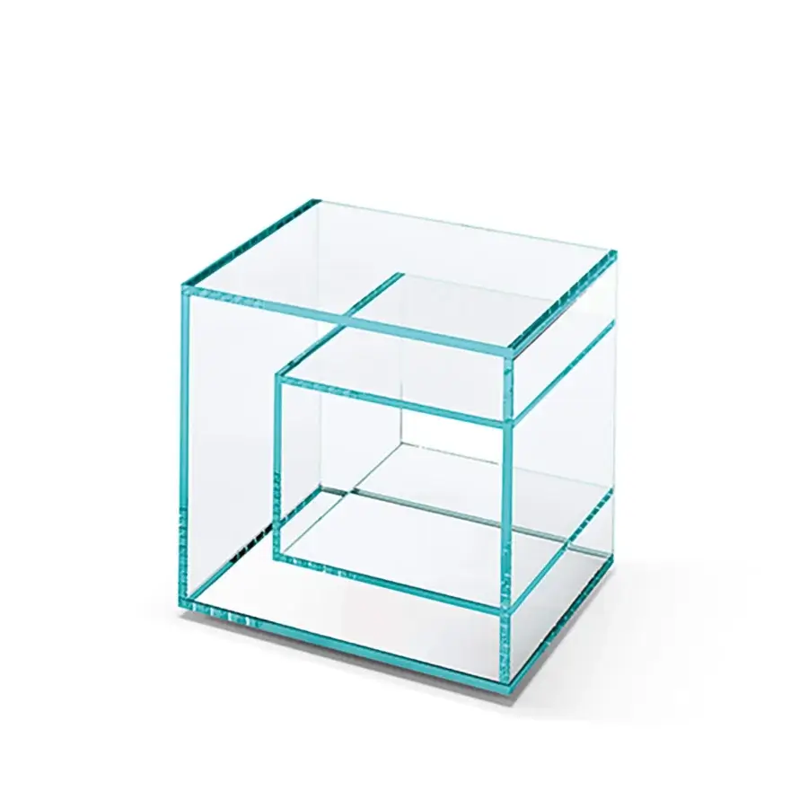 Superior Tonelli Design Liber nightstand crafted in extra clear glass with cool blue transparency and mirrored base