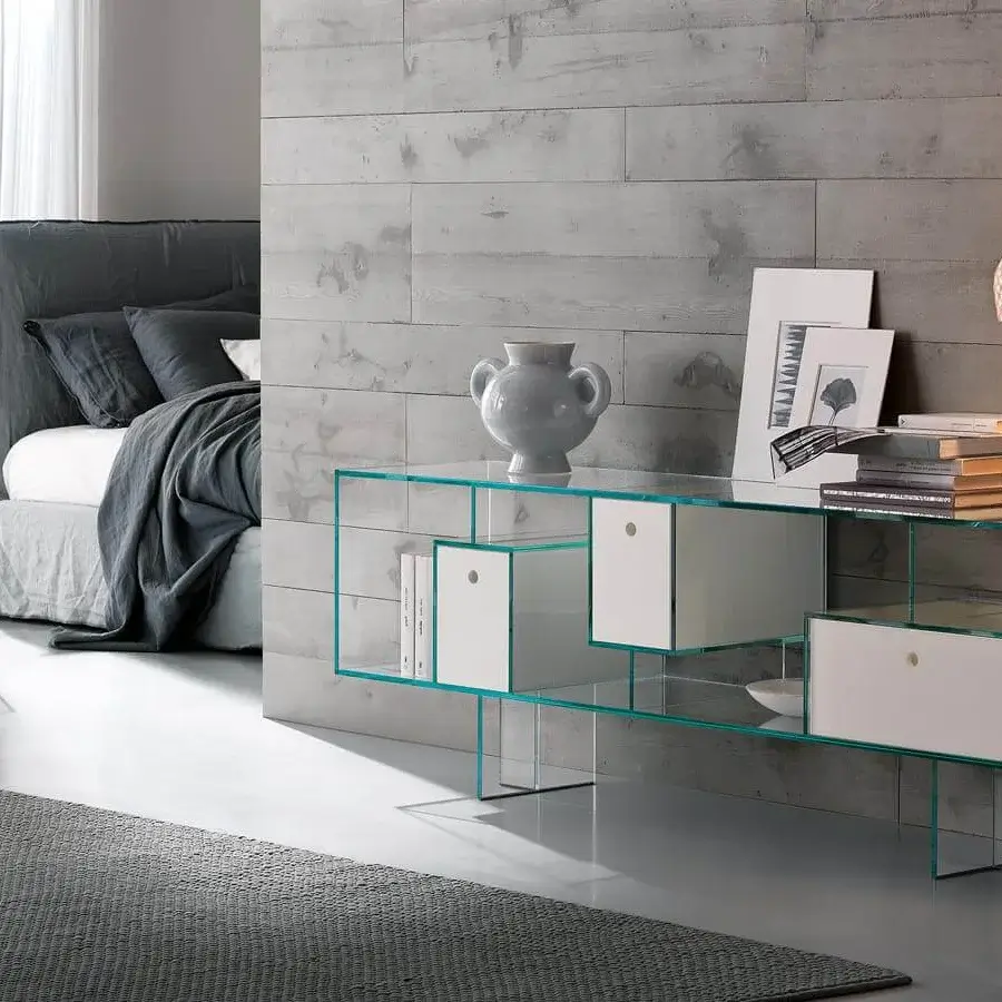 Distinguished Tonelli Design Liber sideboard with transparent glass structure and matt white lacquered wood drawers