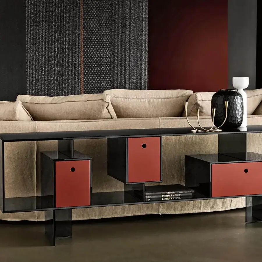 Exceptional Tonelli Design Liber sideboard with transparent shelving and three matte red Canaletto walnut drawers crafted in glass