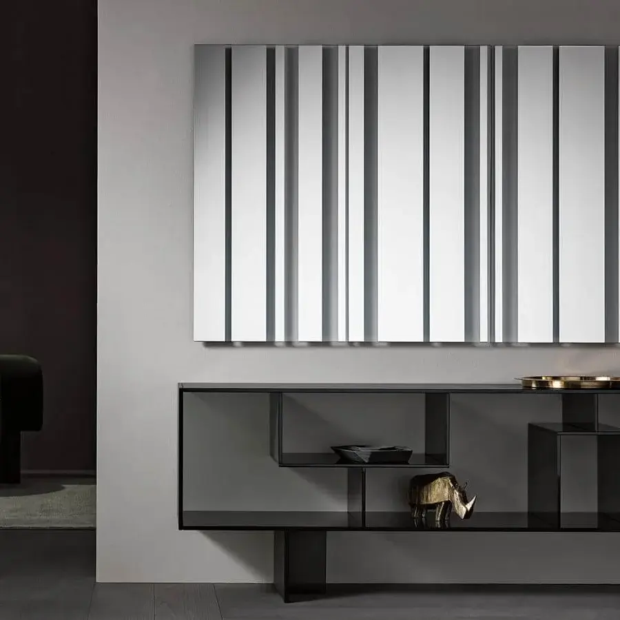 Superior Tonelli Design Liber sideboard with transparent smoked glass and dark finished drawers within a black frame