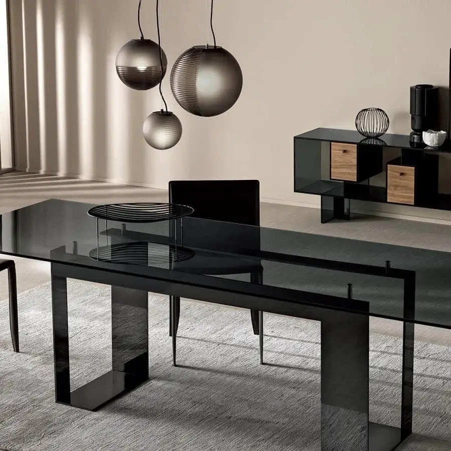 Distinguished Tonelli Design Liber sideboard with transparent glass and Canaletto walnut drawers in black shelving