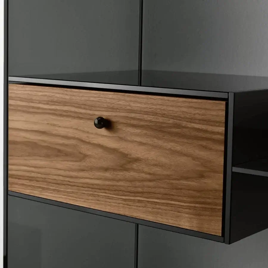 Exceptional Tonelli Design Liber sideboard with transparent glass showcasing a Canaletto walnut drawer and angular design
