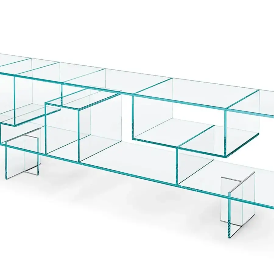 Superior Tonelli Design Liber sideboard in transparent extra clear glass with functional wood or leather drawers and glossy finish