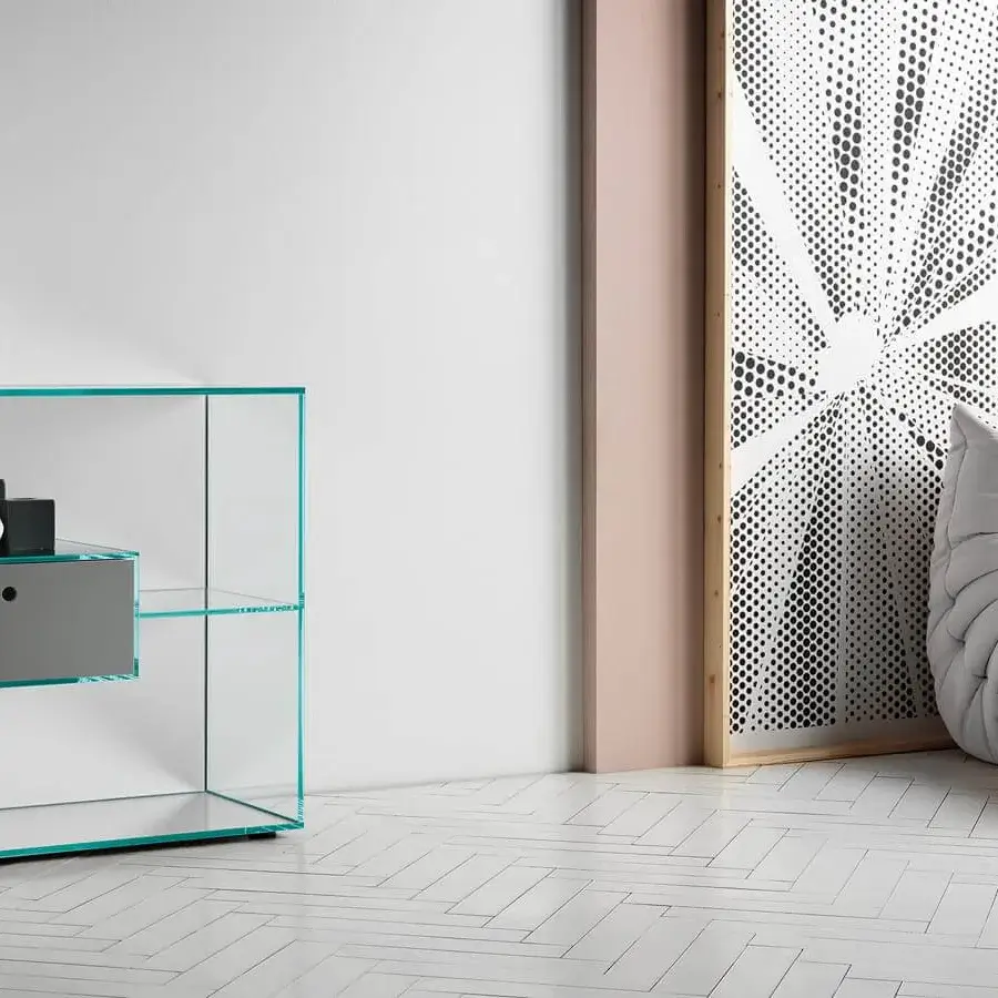 Distinguished Tonelli Design Liber console in extra clear glass with mirrored base and matte grey drawer accents