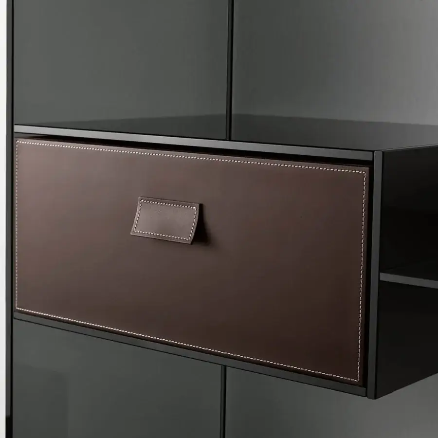 Superior Tonelli Design Liber console crafted in glossy black glass with a dark leather drawer front