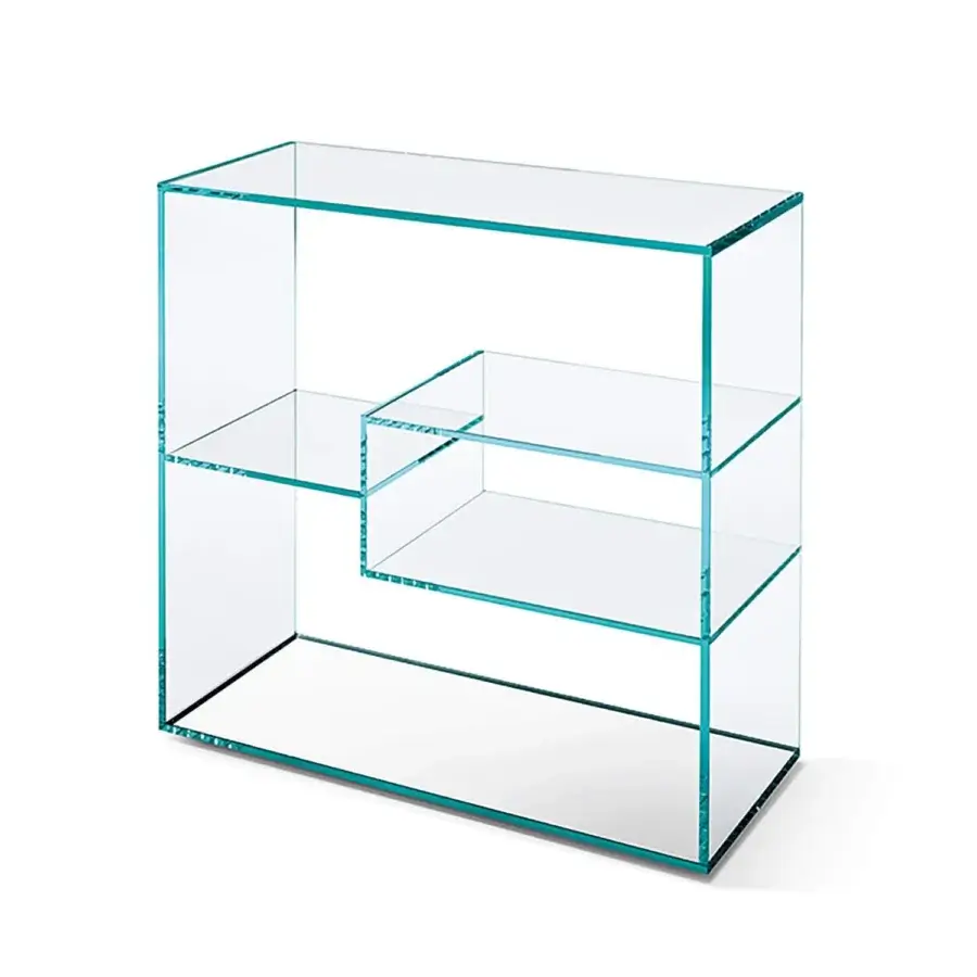 Elegant Tonelli Design Liber console crafted in extra clear glass with turquoise tints and a mirror base