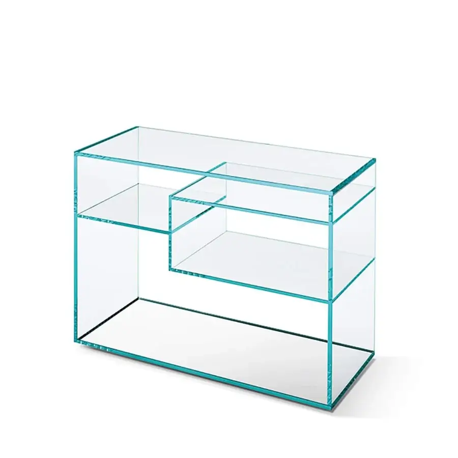 Distinguished Tonelli Design Liber side table in extra clear glass with subtle bluish-green edges and mirrored glass base