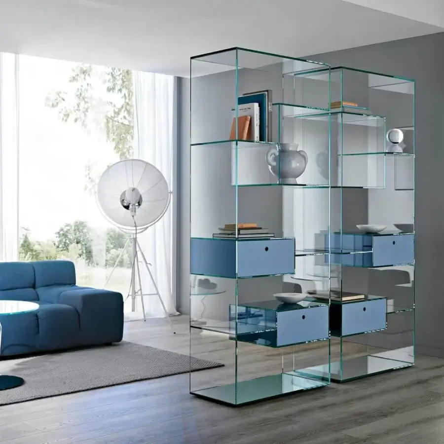 Superior Tonelli Design Liber bookcase in extra clear glass with light blue drawers and glossy finish