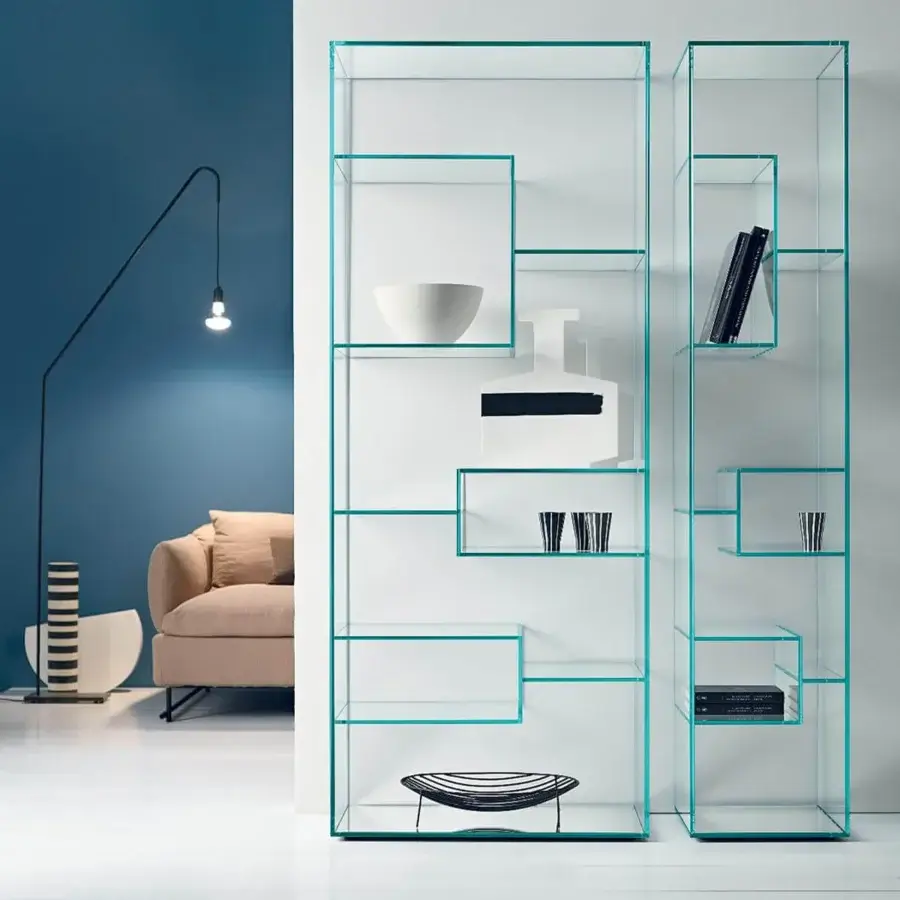 Exclusive Tonelli Design Liber bookcase in extra clear glass with matt white lacquered wood drawers and glossy finish