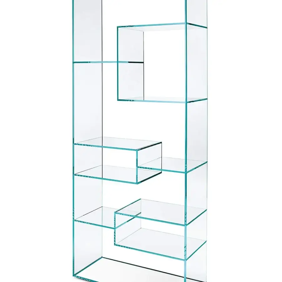 Superior Tonelli Design Liber bookcase in extra clear glass with a mirror base and asymmetrical shelves