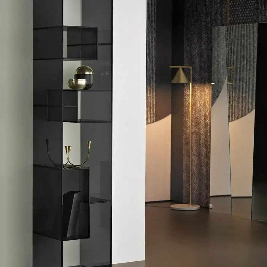 Distinguished Tonelli Design Liber bookcase crafted in extra clear or smoked glass with a sophisticated mirror base