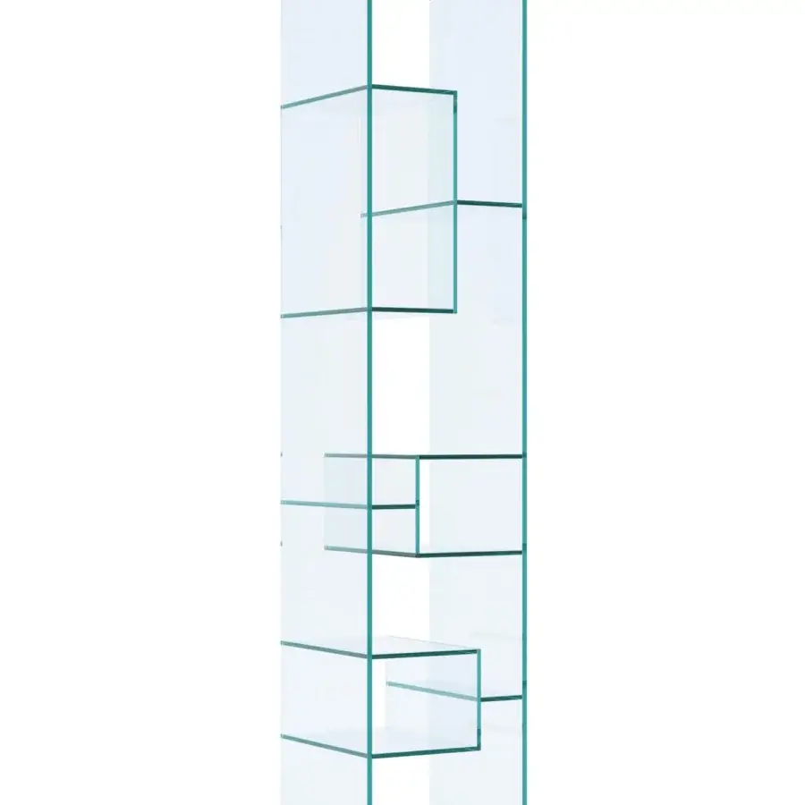 Exclusive Tonelli Design Liber bookcase crafted in transparent glass with a mirror base and asymmetrical shelves