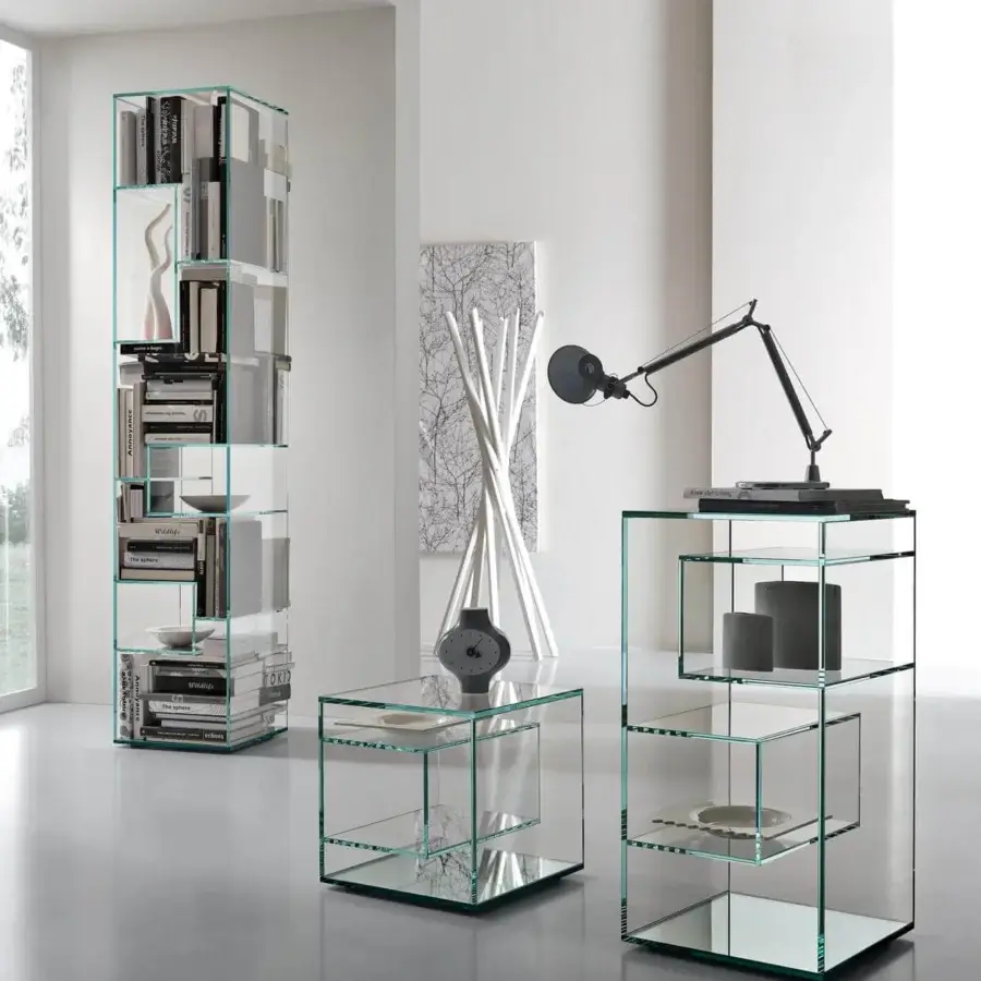 Distinguished Tonelli Design Liber bookcase crafted from extra clear glass with a transparent finish showcasing displayed items