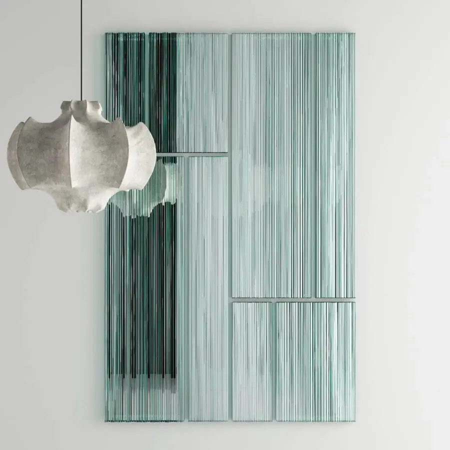 Captivating Tonelli Design Vu mirror built with extra clear glass elements in a gradient of light blue to dark green hues