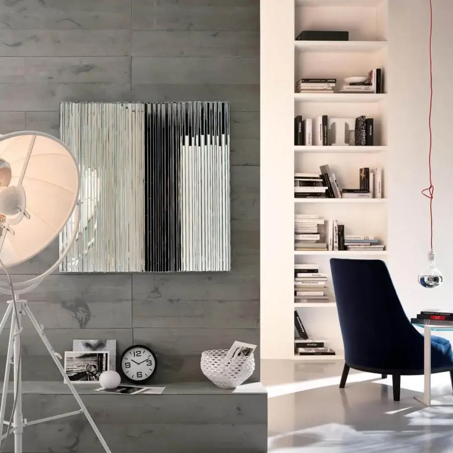 Superior Tonelli Design Vu mirror built with twenty-two extra clear glass elements in a barcode-like pattern with a smooth glossy finish