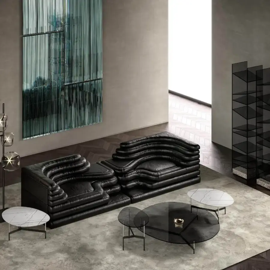 Distinguished Tonelli Design Vu mirror crafted in Italy with geometric smoked transparent glass elements and UV-welded construction