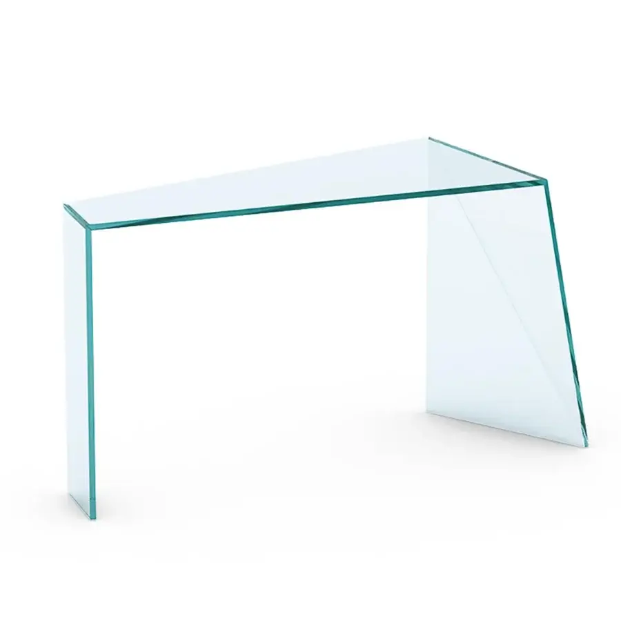 Distinguished Tonelli Design Penrose console crafted in clear glass with subtle bluish tones and oblique welding