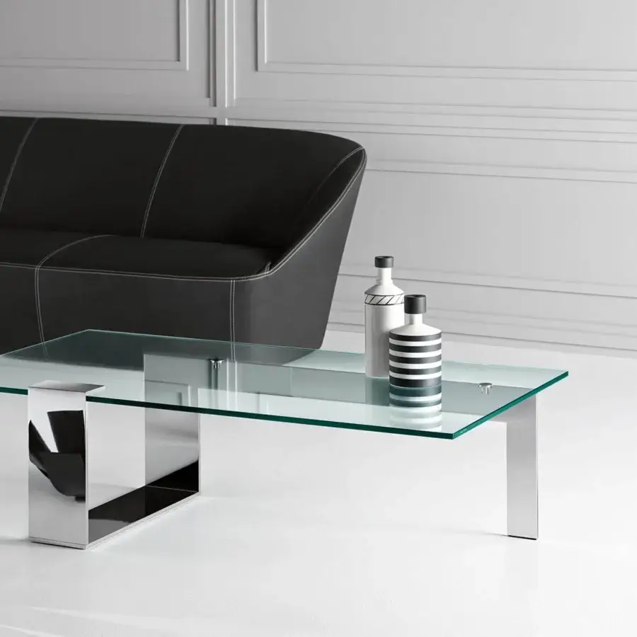 Innovative Tonelli Design Plinsky coffee table with tempered glass top and polished metal base