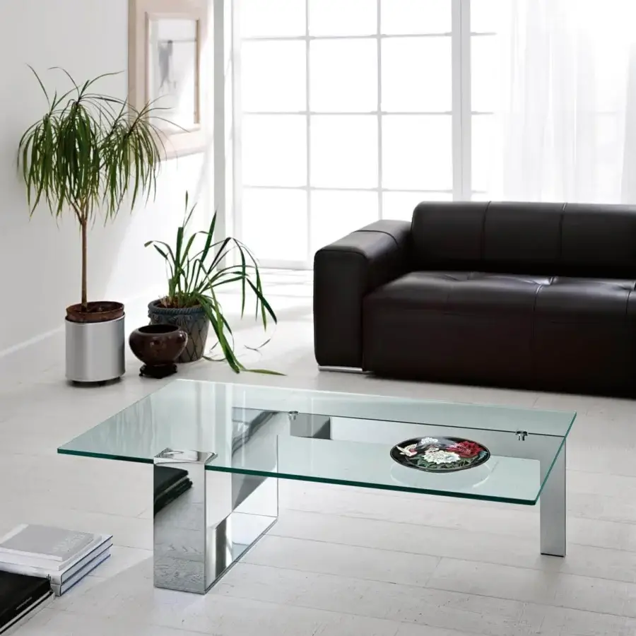 Superior Tonelli Design Plinsky coffee table with clear tempered glass and mirrored metal base