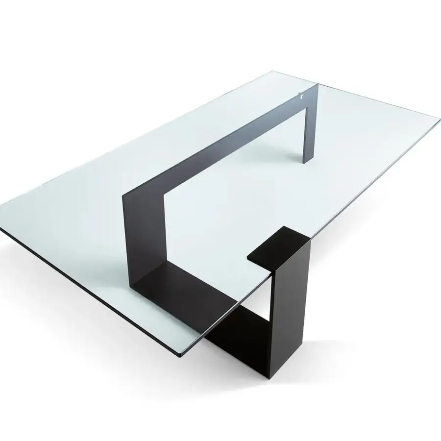 Elegant Tonelli Design Plinsky coffee table with thick transparent glass and matte black metal base