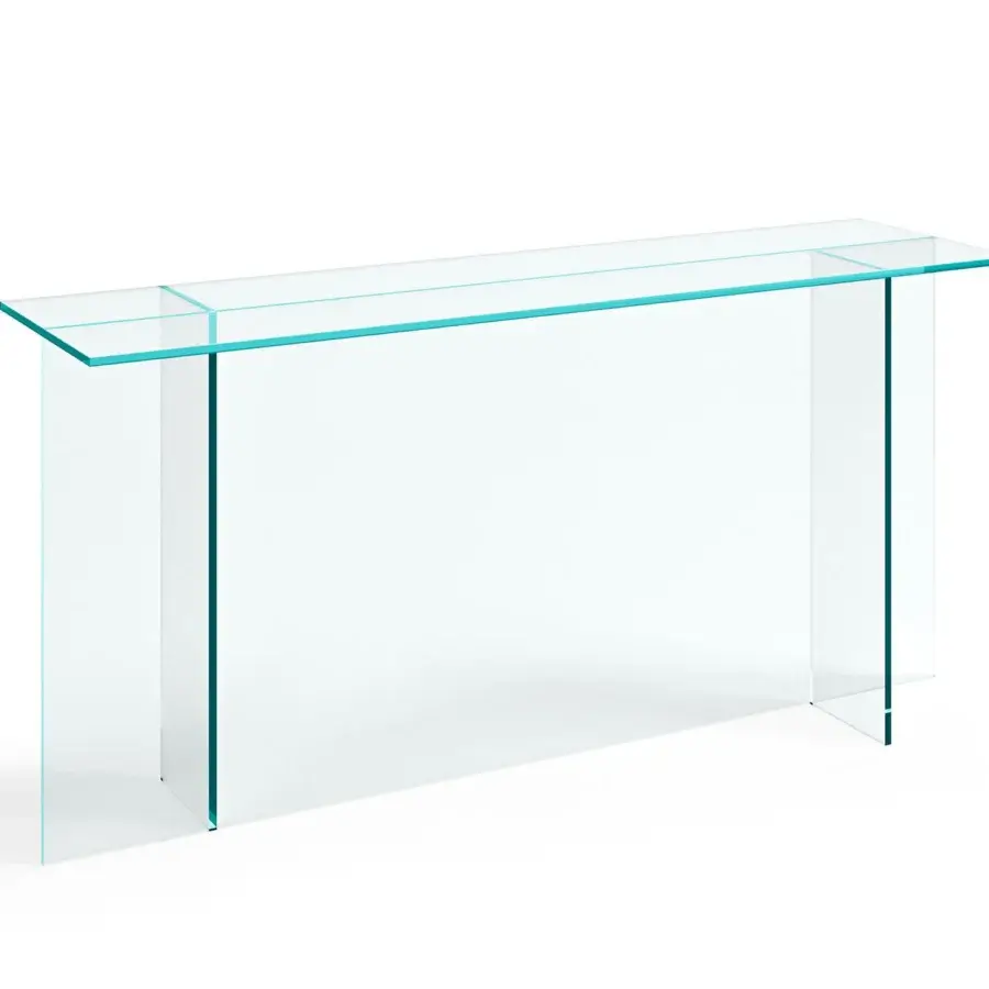 Exceptional Tonelli Design Sestante console built with extra clear glass and subtle blue tints along edges