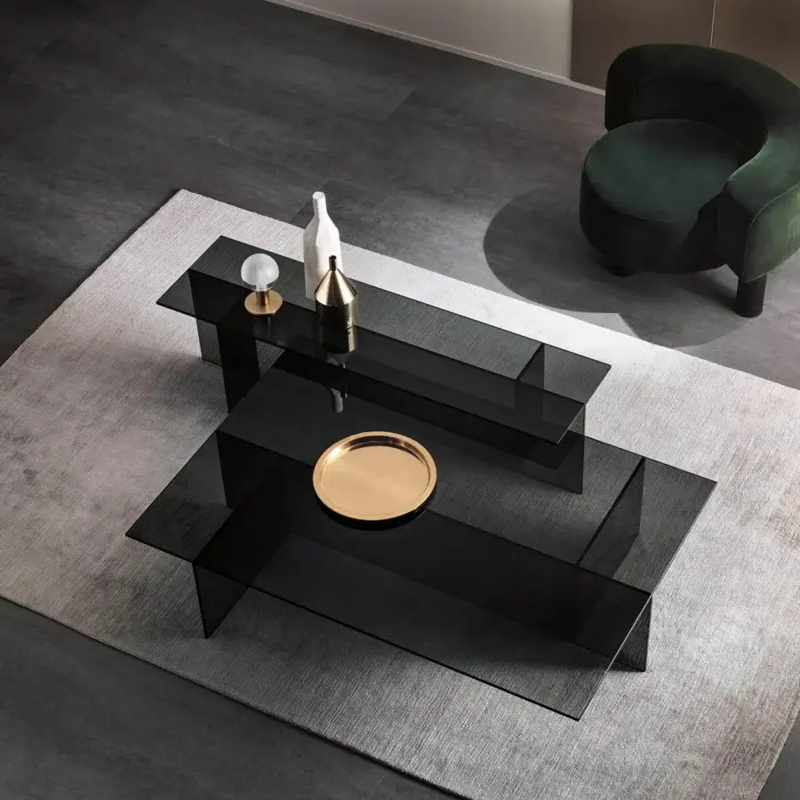 Elegant Tonelli Design Sestante coffee table in smoked glass with a glossy finish and tiered surfaces