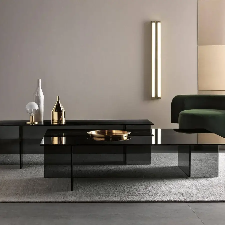 Distinguished Tonelli Design Sestante coffee table in smoked glass crafted with symmetrical orthogonal supports