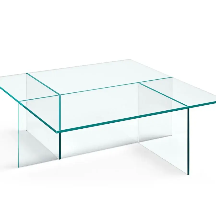 Elegant Tonelli Design Sestante coffee table with clear glass and subtle turquoise tinted geometric panels