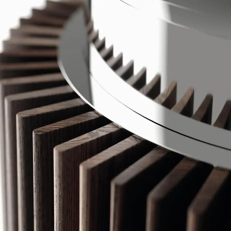 Sophisticated Tonelli Design Hybrid table with a glossy metal top and dark brown matte-finished wooden strips creating visual rhythm